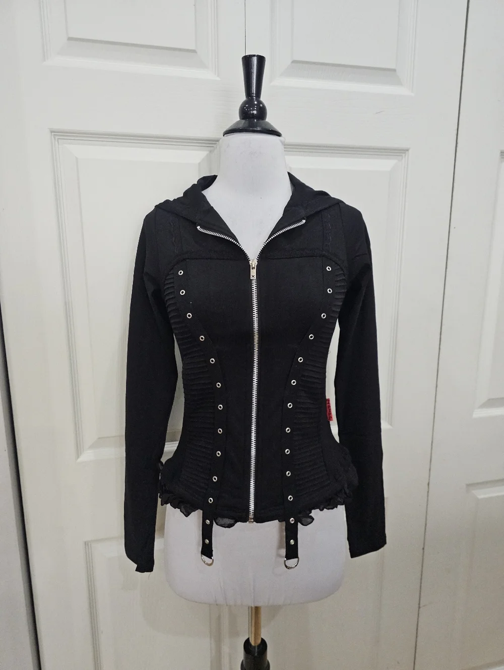 Vintage Y2K Punk Goth Hot Topic Tripp NYC Grommet Zip Black Silver Hoodie Top S - Picture 9 of 11